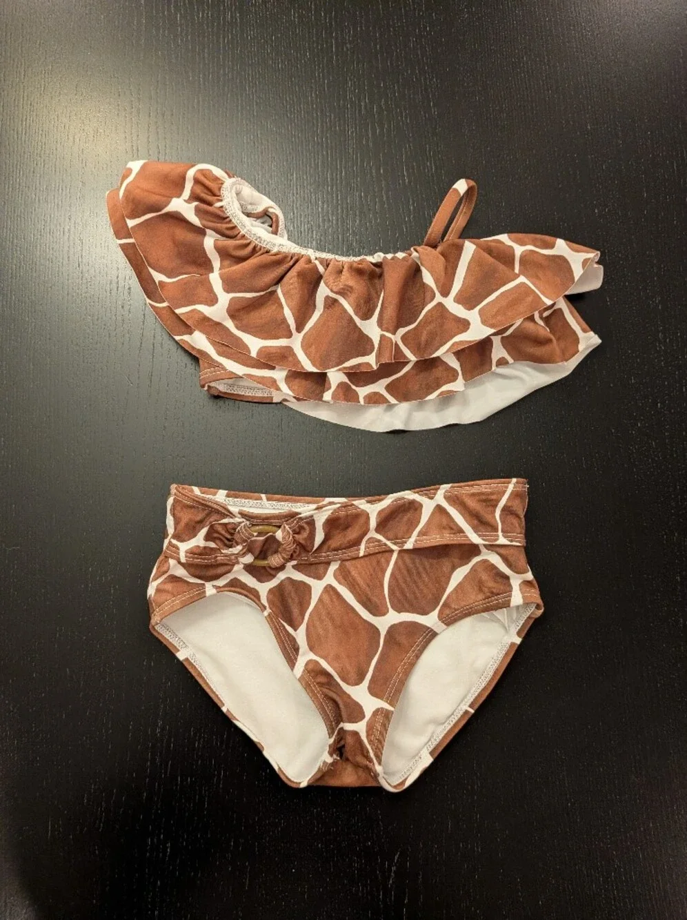 Janie and Jack Brown and White Giraffe-Print Ruffle One-Shoulder Bikini